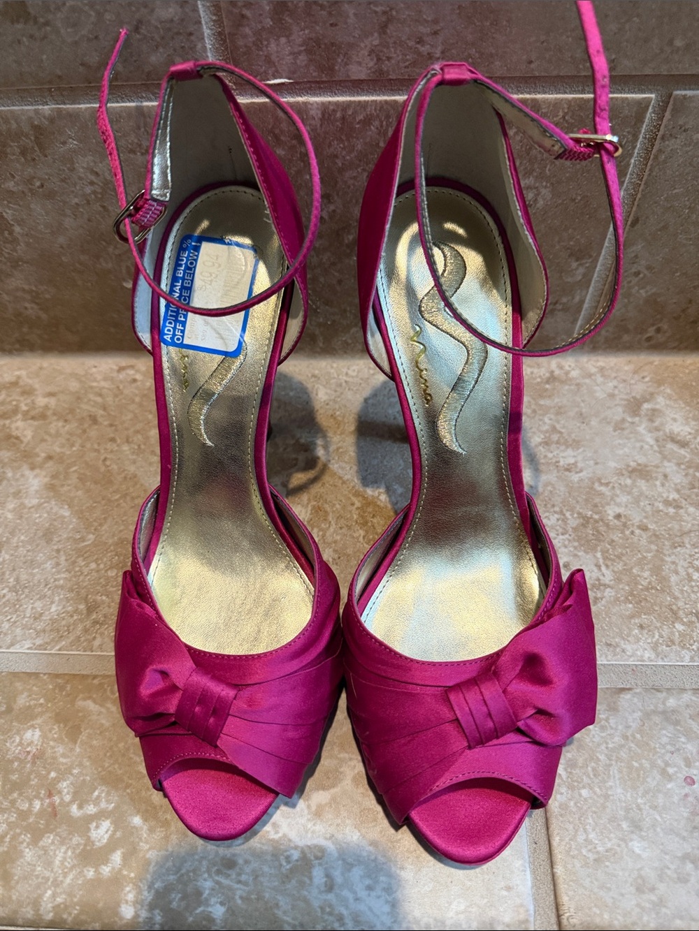 Nina Fuchsia Satin Open-Toe Ankle Strap Heels with Bow Accent